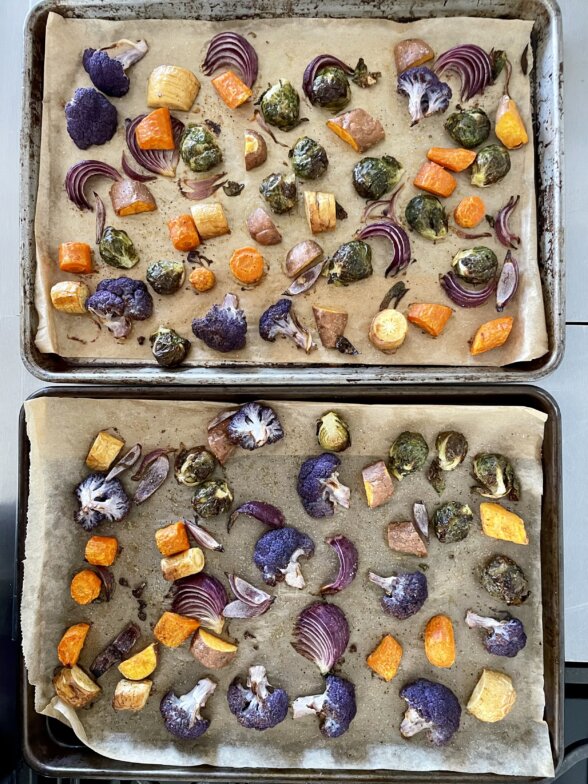 roasted fall vegetables on two baking sheets