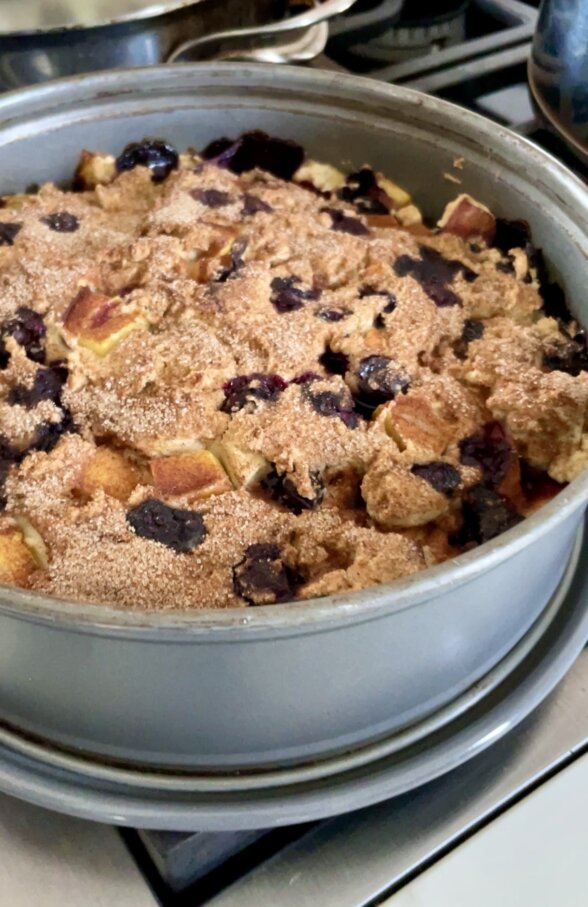 peach blueberry buckle out of the oven
