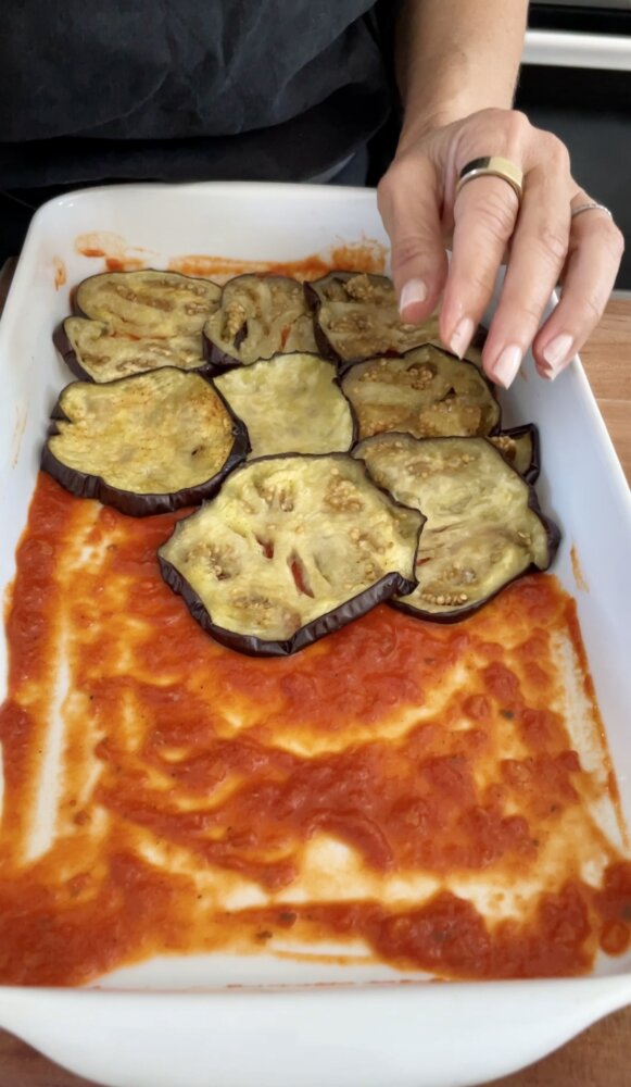 assembling eggplant parmesan