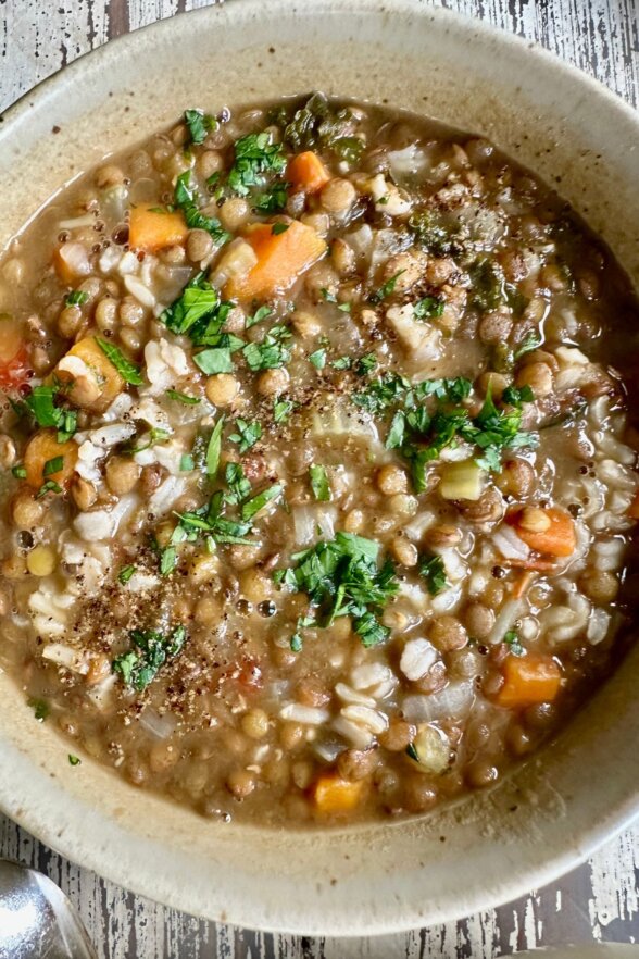 ready to eat bowl of lentil and rice soup topped with herbs