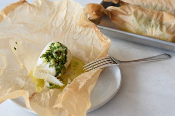 Parchment Baked Wild Caught Halibut with Cilantro and Ginger | Pamela Salzman