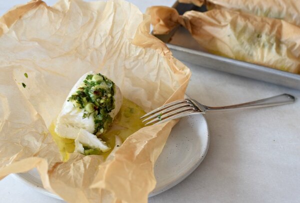 Parchment Baked Wild Caught Halibut with Cilantro and Ginger | Pamela Salzman