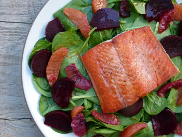 Seared Wild Salmon Salad with Beets, Blood Oranges and Spinach | Pamela Salzman