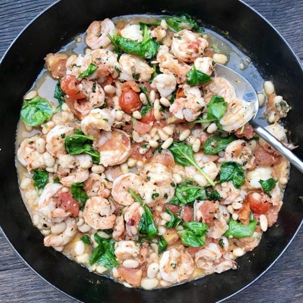 shrimp with tomatoes, white beans and spinach recipe | Pamela Salzman