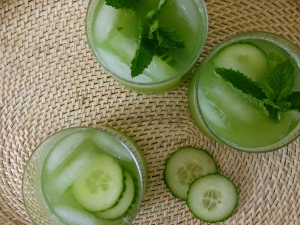 an overhead shot of a cucumber vodka cocktail