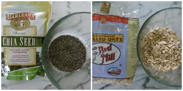 Side by side photos of chia seed porridge ingredients on a marble surface. The first photo has a bag of Barlean's organic chia seeds with a glass bowl filled with them. The second is a bag of Bob's Red Mill old fashioned rolled oats with a glass bowl filled with them.