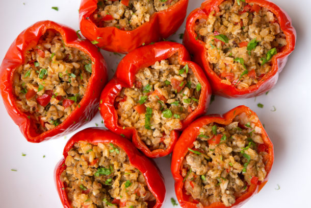 Turkey and brown rice stuffed bell peppers recipe - Pamela Salzman