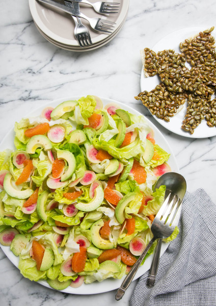 spring salad with orange, avocado, radish and pumpkin seed brittle | pamela salzman