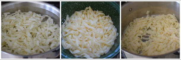 Step-by-step photo collage showing how to rinse, boil, and dry-fry shirataki noodles for optimal texture and flavor absorption.