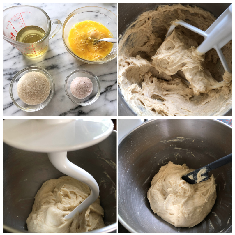 dough ingredients, steps to kmixing the dough in a stand mixer