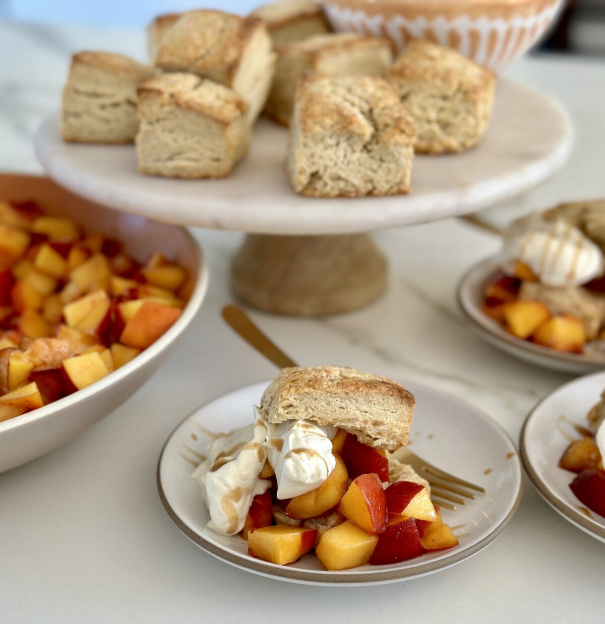 spiced peach shortcake on a white plate