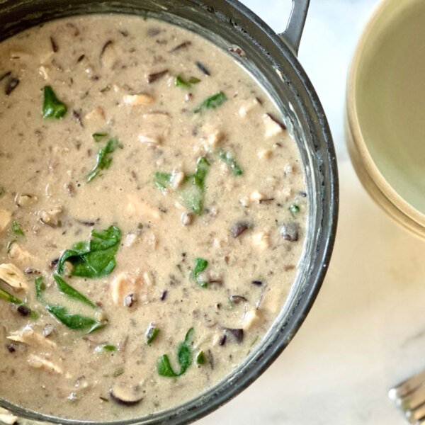 creamy chicken and wild rice soup in a large pot.