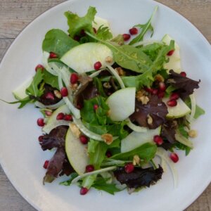 fennel and green apple salad with pomegranates on a plate