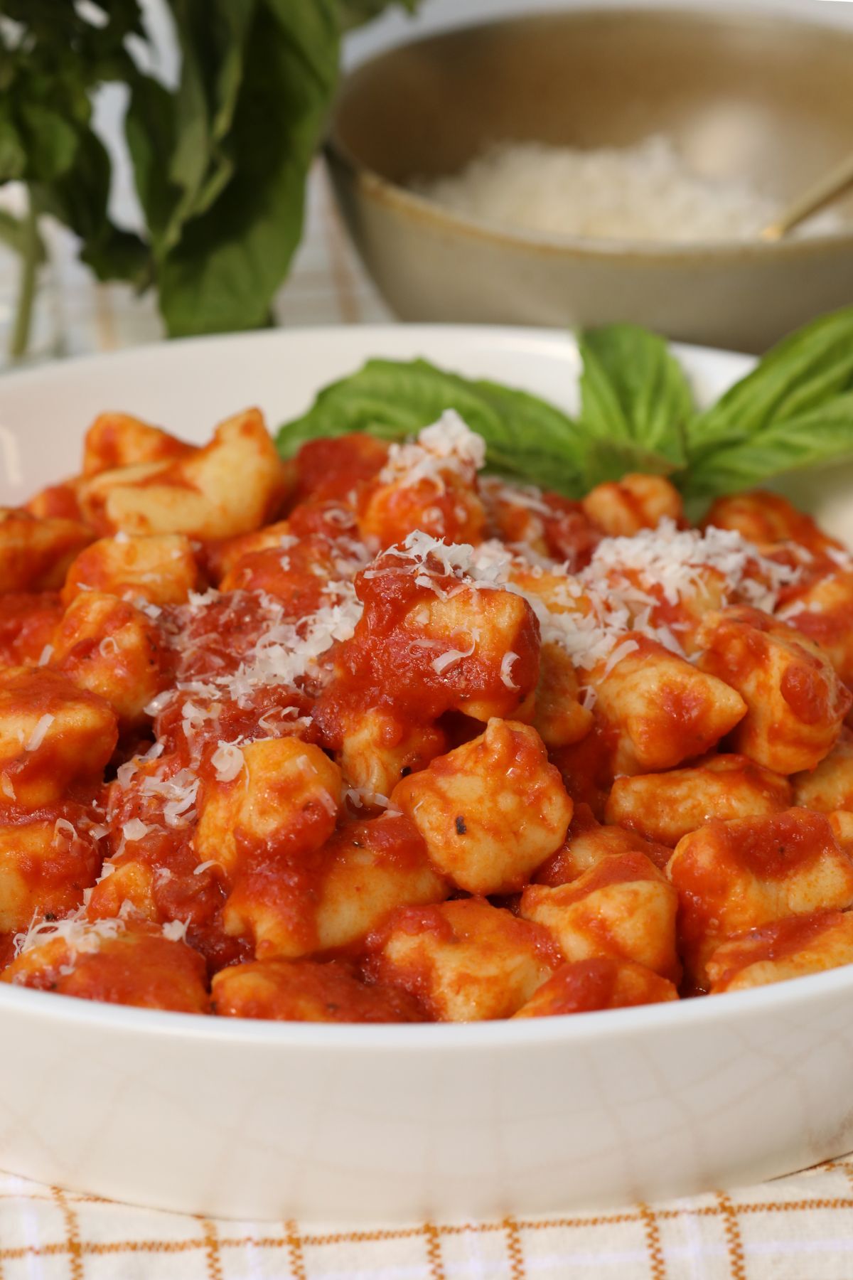 a bowl filled with mashed potato gnocchi tossed in sauce and topped with basil and parmesan