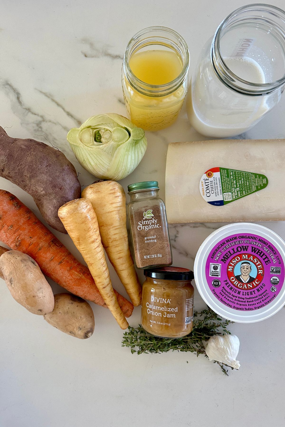 Recipe ingredients on a white counter top.