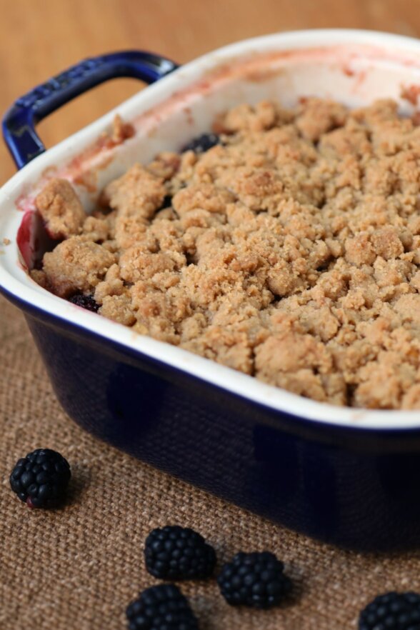 the baked crumble out of the oven