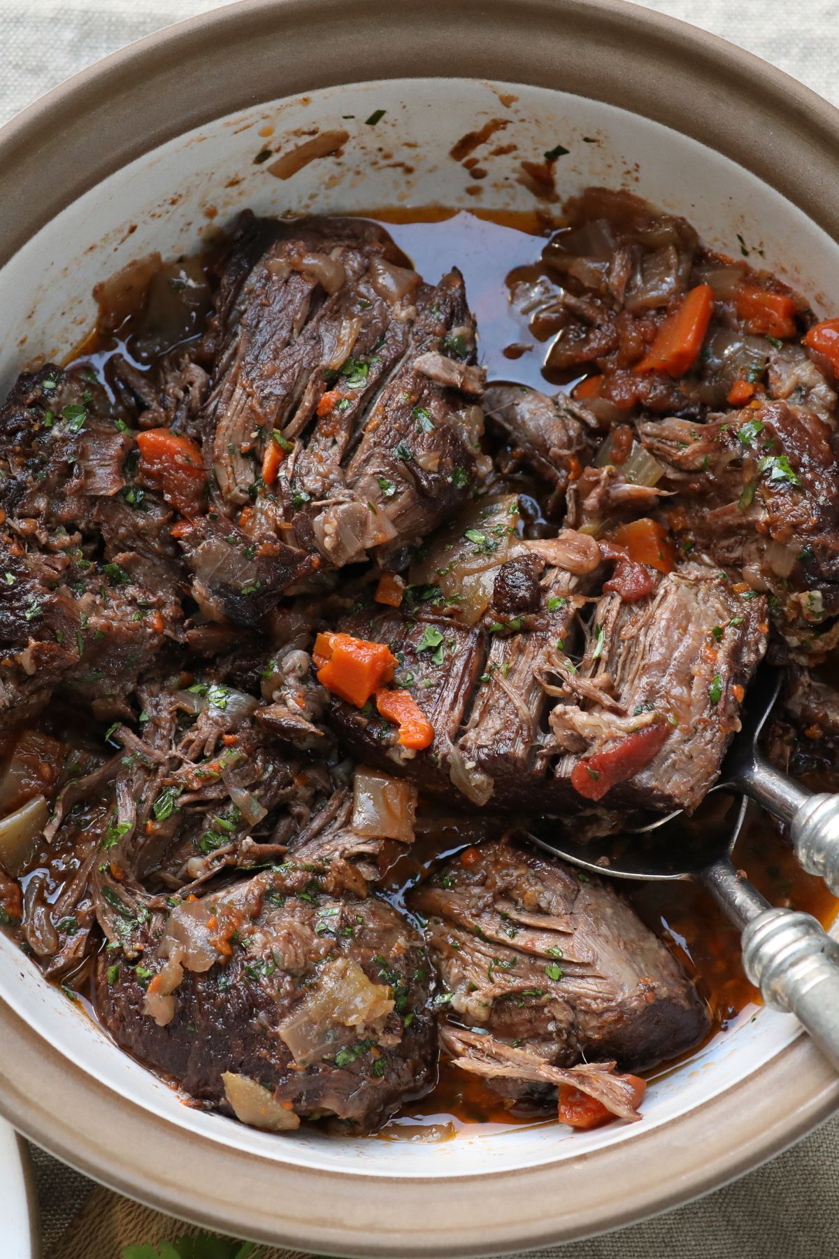 stracotto di manzo in a serving dish