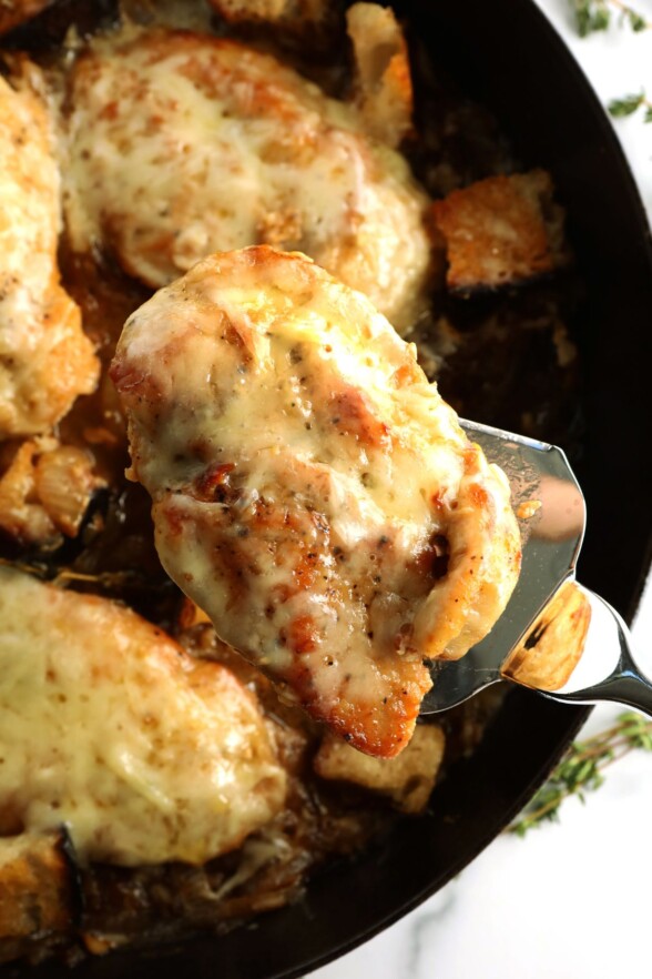 close up photo of chicken in a skillet