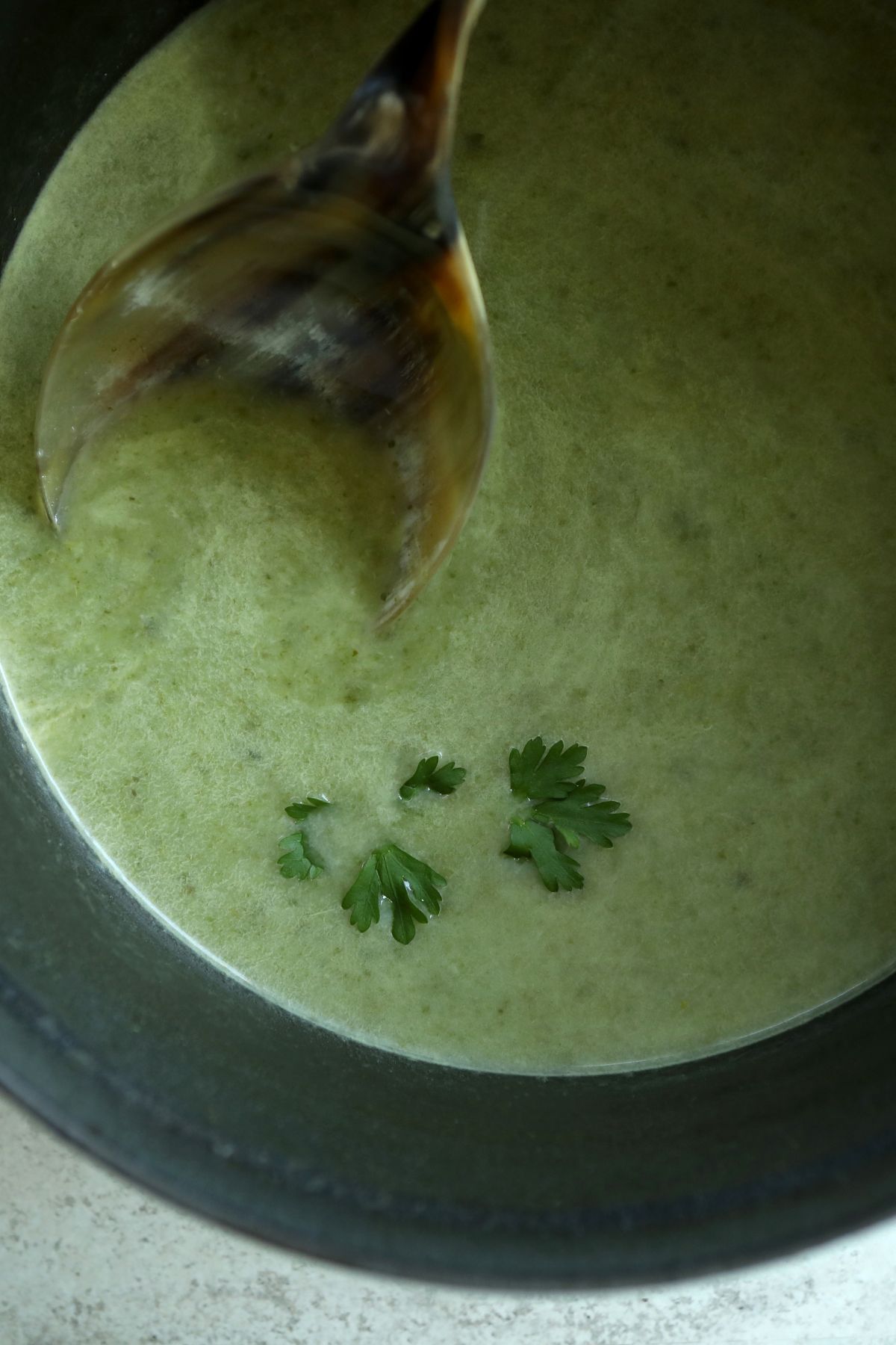 green soup in a pot with a ladle