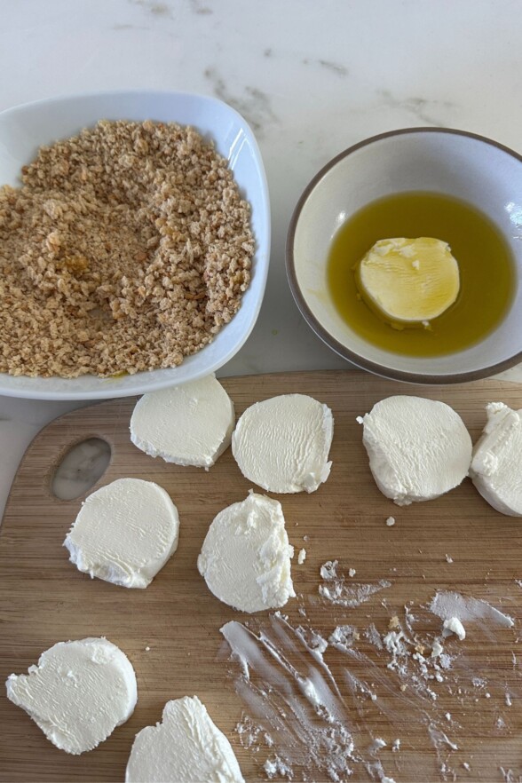 cheese dipped into oil and bread crumbs