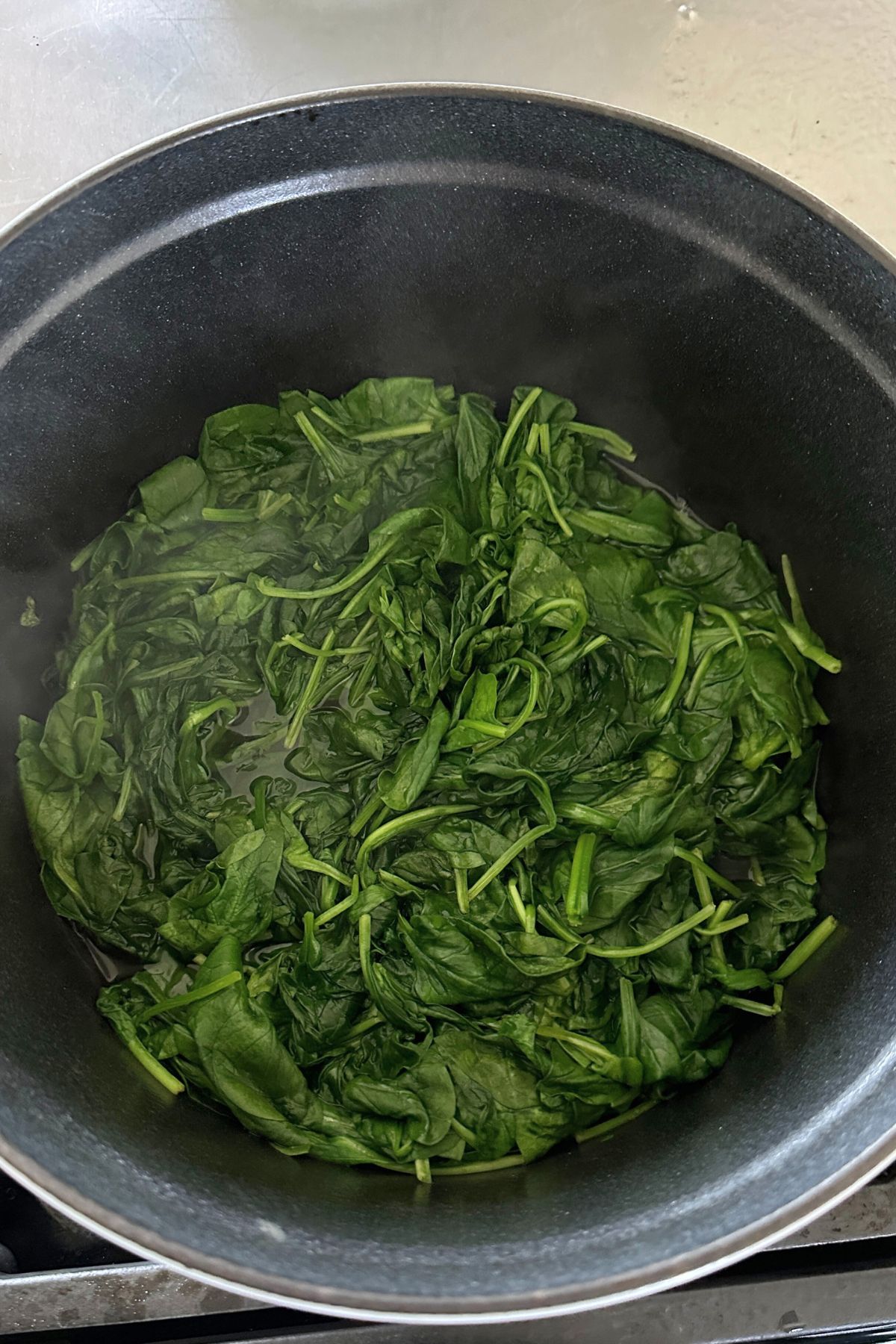 cooked spinach in the bottom of a pot