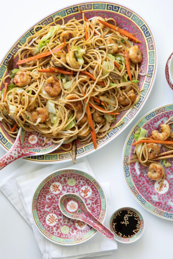 Final shrimp lo mein dish tossed together with noodles, vegetables, and sauce