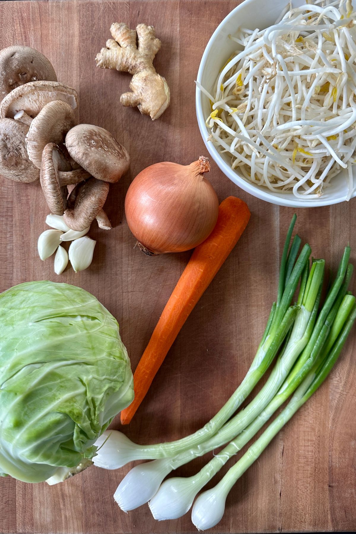 Fresh vegetables prepped and chopped for cooking shrimp lo mein