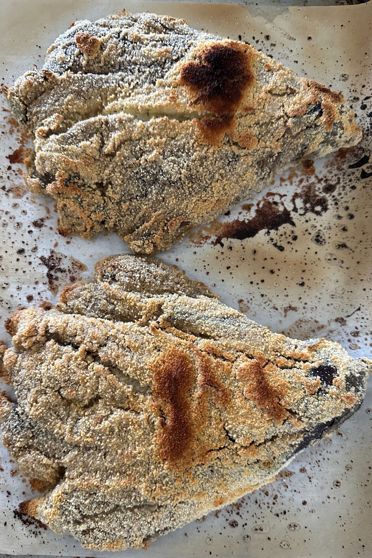 Breaded eggplant cutlets on parchment-lined baking sheet ready to bake