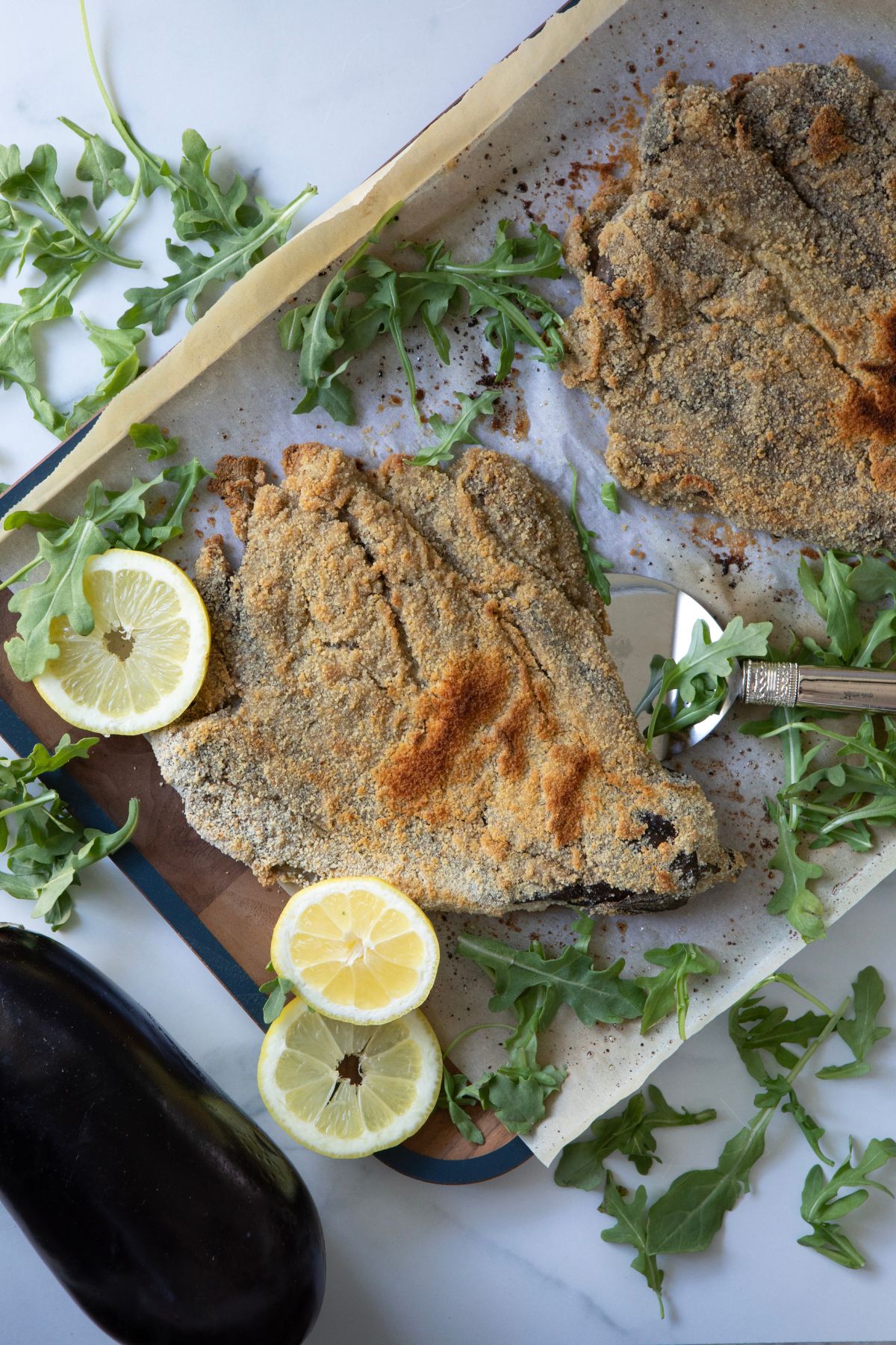 Crispy baked eggplant Milanese cutlets served with basil-jalapeño sauce