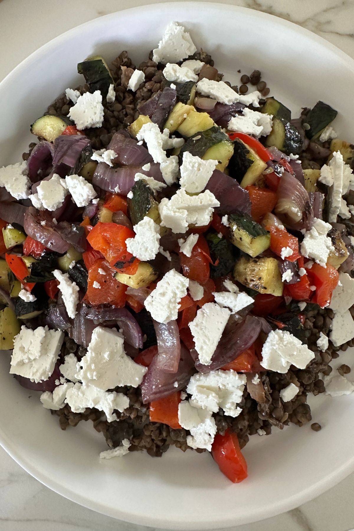 Grilled vegetable and lentil salad drizzled with lemon dill dressing, garnished with feta and fresh dill in a white bowl.