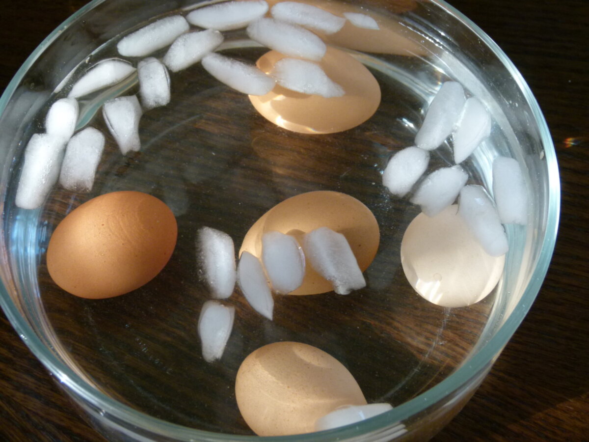 perfect hard boiled eggs in an ice bath to stop cooking