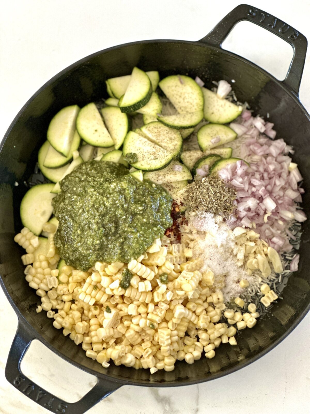 recipe ingredients in a round baking dish