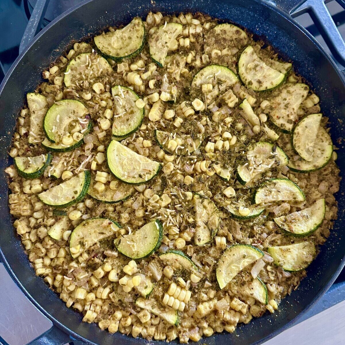 finished shot of a zucchini bake recipe in a round baking dish